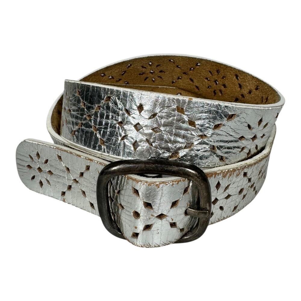 Floral Laser Cut Silver Metallic Leather Belt One Size Distressed Boho Western